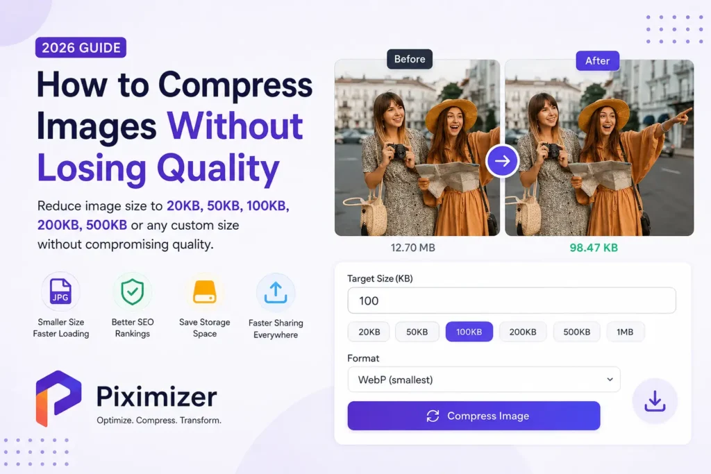 Compress images online without losing quality using Piximizer. Reduce JPG, PNG, WebP, and SVG images to custom file sizes quickly and securely.