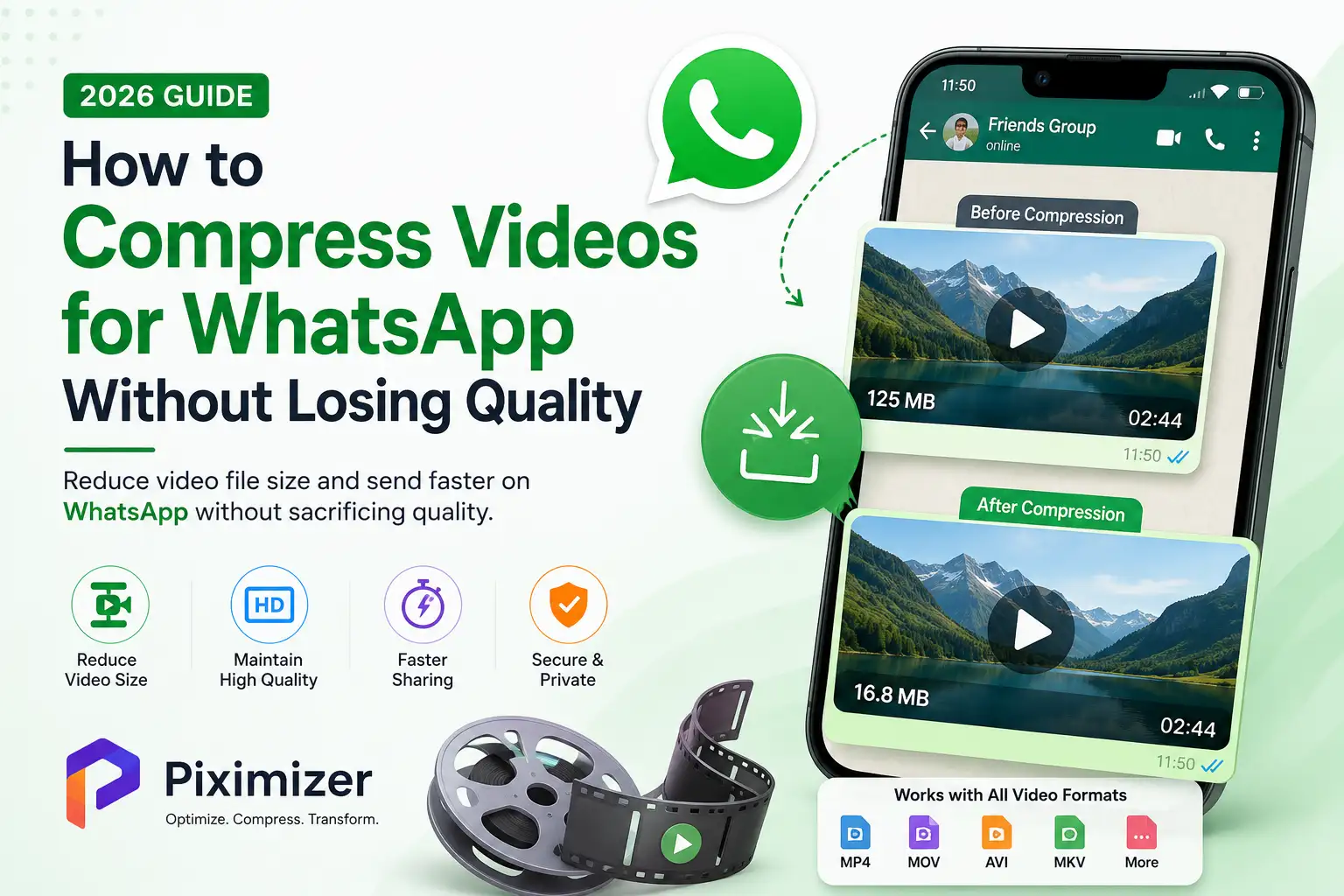 Compress videos for WhatsApp without losing quality using Piximizer Video Compressor.