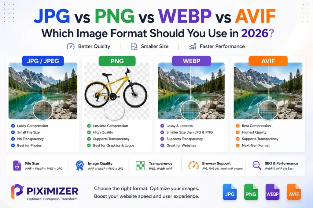 JPG vs PNG vs WebP vs AVIF image format comparison for quality, compression and website SEO.